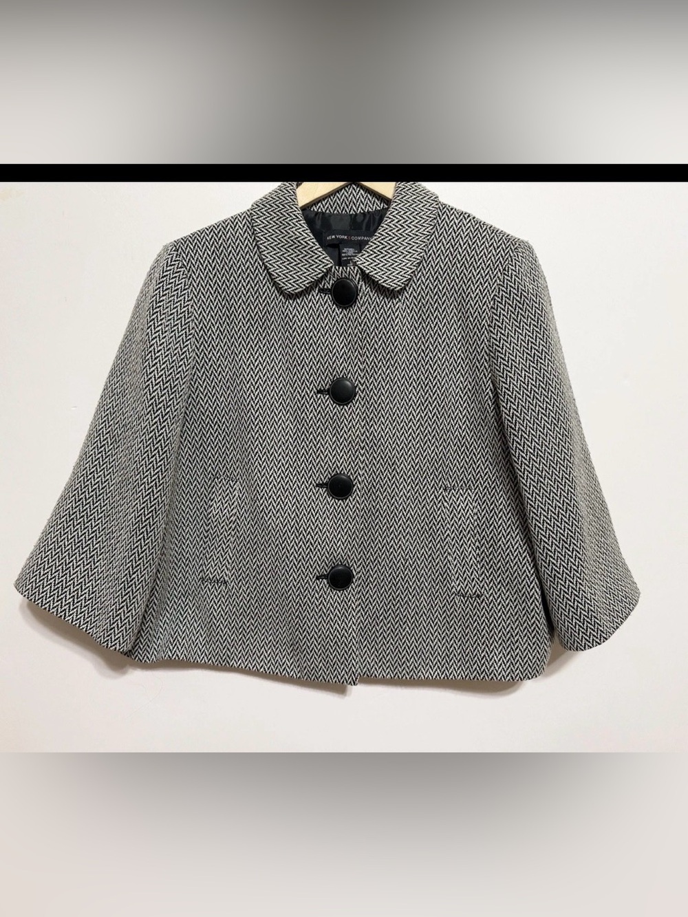 New York & Company black herringbone tweed lined short swing jacket, 3/4 sleeves